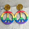 Close-up of rainbow peace sign wooden earrings with gold glitter resin accents - Rainbow Peace Sign Style (5)