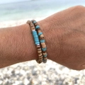 Stacked set of coconut shell and blue turquoise beaded bracelets for men - Dark Brown Wood & Turquoise Two-Piece Set (ZJ12976)