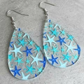 Acrylic teardrop earrings featuring blue starfish patterns for summer beach vacations - Blue Starfish