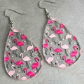 Acrylic teardrop earrings featuring pink flamingo patterns on a textured stone background - Pink Flamingo Heart (6)