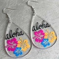 Tropical Aloha hibiscus drop acrylic earrings with vibrant colors and silver hooks - Aloha Hibiscus