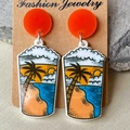 Boucles d'oreilles en acrylique tropical avec coucher de soleil, plage et palmiers - Style Palmerai Lever et Coucher de Soleil