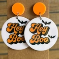 Acrylic Halloween dangle earrings featuring orange Hey Boo text and black bat patterns - Bat And Hey Boo Style (1)