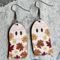 Orecchini in legno a forma di fantasma con foglie d'acero autunnali e ganci in argento - Stile Fantasma Foglia di Acero Autunnale (2)