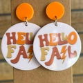 Acrylic round drop earrings with Hello Fall print and orange stud for autumn - Hello Fall Style (2)