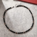 Men's hip hop beaded necklace with matte black agate and silver spacers on grey texture - Minimalist Black Brown Adjustable Style (ZJ10730)