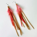 Bohemian ethnic long earrings featuring red pink feathers and brown leather tassels - Coral Pink (Brown Cord)