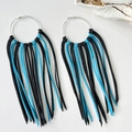 Bohemian style western cowboy large hoop earrings with black and lake blue leather tassels - Black Blue