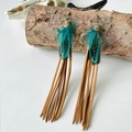 Detail of bohemian long tassel earrings with peacock feathers and copper hooks on wood - Tan