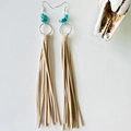 Bohemian Western style earrings with long beige leather tassels and turquoise stone beads - Beige