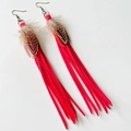 Bohemian dangle earrings with bright pink leather tassels and natural brown feathers - Rose Red