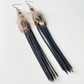 Detail of bohemian feather earrings with long black suede tassels and bronze hooks - Black