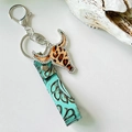 Western boho cow skull keychain with leopard print charm and turquoise embossed leather strap - Leopard Print Bull Head
