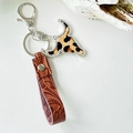 Western boho leather keychain with leopard bull head charm and embossed wrist strap - Leopard Print Style (2)