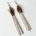 Detail of bohemian tassel earrings with natural feathers and long cream suede fringes - Off White