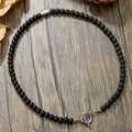 Bohemian style long necklace featuring lava stone and polished black beads with a T-clasp - Glossy Matte Spliced with Toggle Clasp Style (ZJ13518)