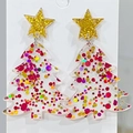 Christmas tree glitter earrings with colorful sequins and golden star stud detail - Red and Gold
