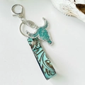 Turquoise leather keychain with bull head charm, floral embossing, and rhinestone accents - Turquoise Pony Hair Texture Bull Head