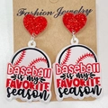 Detail of acrylic baseball earrings with heart studs and favorite season lettering - Baseball Favorite Season Style (4)