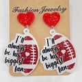 Detail showing acrylic football earrings with heart charm and fan text on card - Biggest Fan Football Style (3)