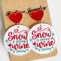 Christmas Wine is Calling acrylic drop earrings with red glitter hearts on display card - Snow Falling Wine Calling Heart