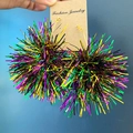 Sparkly purple, gold and green tinsel ball dangle earrings for festive party celebration - Classic Tricolor Tassel Ball Style (Purple/Gold/Green)