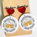 Close-up of red glitter heart earrings with Professional Beer Tester acrylic charms - Professional Beer Tester Heart