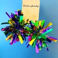 Sparkly multi-color laser tassel hoop earrings with metallic fringe for parties - Multicolor Tassel Ball Style (Purple/Green/Yellow/Cyan)