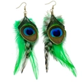 Bohemian peacock feather drop earrings with gold hooks for festival and carnival outfits - Emerald Green Peacock Feather Style (4)