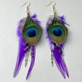 Peacock feather earrings with purple accents and gold hooks for carnival events - Purple Spotted Feather Style (3)