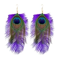 Detailed close-up of peacock feather earrings with purple dye accents and gold hooks - Purple Peacock Feather Style (1)