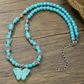 Himmelblaue Perlenkette mit silbernen Schmetterlingsanhängern und Karabinerverschluss - Himmelblauer Türkis Schmetterling Anhänger Stil (ZJ13797)