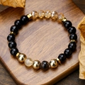Bracciale elastico con perle in agata nera, cristalli ambrati e dettagli dorati - Stile Distanziatori Metallici Dorati Cristallo Ambra Pietra di Luna (ZJ13077)