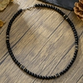 Men's matte black beads necklace with lava stones and golden spacers on wood - Matte Black with Lava Square Bead Style (ZJ13169)