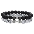 Lava stone and white turquoise beaded bracelets set with silver dumbbell charms - Black and White Dumbbell Style (ZJ13161)