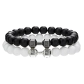 Detail of beaded bracelets with dumbbell pendants engraved with Live and Lift text - Grey and White Dumbbell Style (ZJ13162)