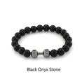 Detail of beaded fitness bracelet with black onyx stones and silver dumbbell charm - Single Black Onyx Style (ZJ8925)