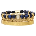 Set 3 bracciali da uomo dorati con perle occhio di tigre blu e ciondolo a corona - Set Tre Pezzi Corona Numeri Romani Blu Oro (ZJ13250)