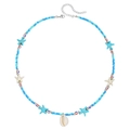 Detail of bohemian layered beaded necklace featuring blue stars and natural seashell pendant - Blue White Mix Shell Starfish Style (ZJ14686)