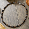 Coconut wood bead necklace with black polished stones and stainless steel lobster clasp - Black Cylindrical Beads With Brown Spacers (ZJ13514)