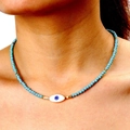 Bohemian sky blue beaded necklace with white Evil Eye pendant and gold spacer beads - Blue Evil Eye Pendant Style (ZJ12740)