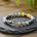 Mixed gemstone lotus bracelet with gray moonlight stones and yellow crystal beads - Multicolor Faceted Beads With Silver Lotus Pendant Style (ZJ13762)