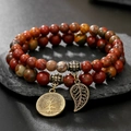 Double-layer natural 8mm stone beads bracelet with bronze tree of life and leaf charms - Red Jasper Style (ZJ14026)