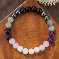 Handgemaakte armband van 8mm natuursteen met diverse kleurrijke kristallen - Obsidiaan Hematiet Labradoriet (ZJ14170)