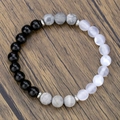 Boho-armband van halfedelstenen met zwarte onyx en grijze kaartstenen kralen - Kaartsteen Maansteen Zwarte Agaat (ZJ14097)