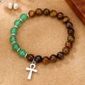 Kralenarmband van tijgeroog en aventurijn met zilveren Ankh-kruishanger - Tijgeroog Aventurijn Ankh Kruis Hanger Stijl (ZJ14010)