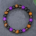 Elastische kralenarmband met tijgeroog, amethist en obsidiaan op grijze steen - Amethist Rookkwarts Mix (ZJ14099)