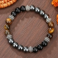 Natuurstenen armband met tijgeroog en hematiet en vintage zilveren bedeltjes - Zwarte Agaat Tijgeroog Hematiet Stijl (ZJ14535)