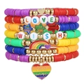 Rainbow stacked heishi bead bracelet set with heart charm and Love Wins lettering - Multi-Layer Love Wish Heart Pendant Rainbow Style (ZJ14208)