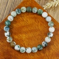 Elastische kralenarmband met 22 natuurlijke mosagaatstenen op een houten basis - Mosagaat Natuurlijke Textuur (ZJ15138)